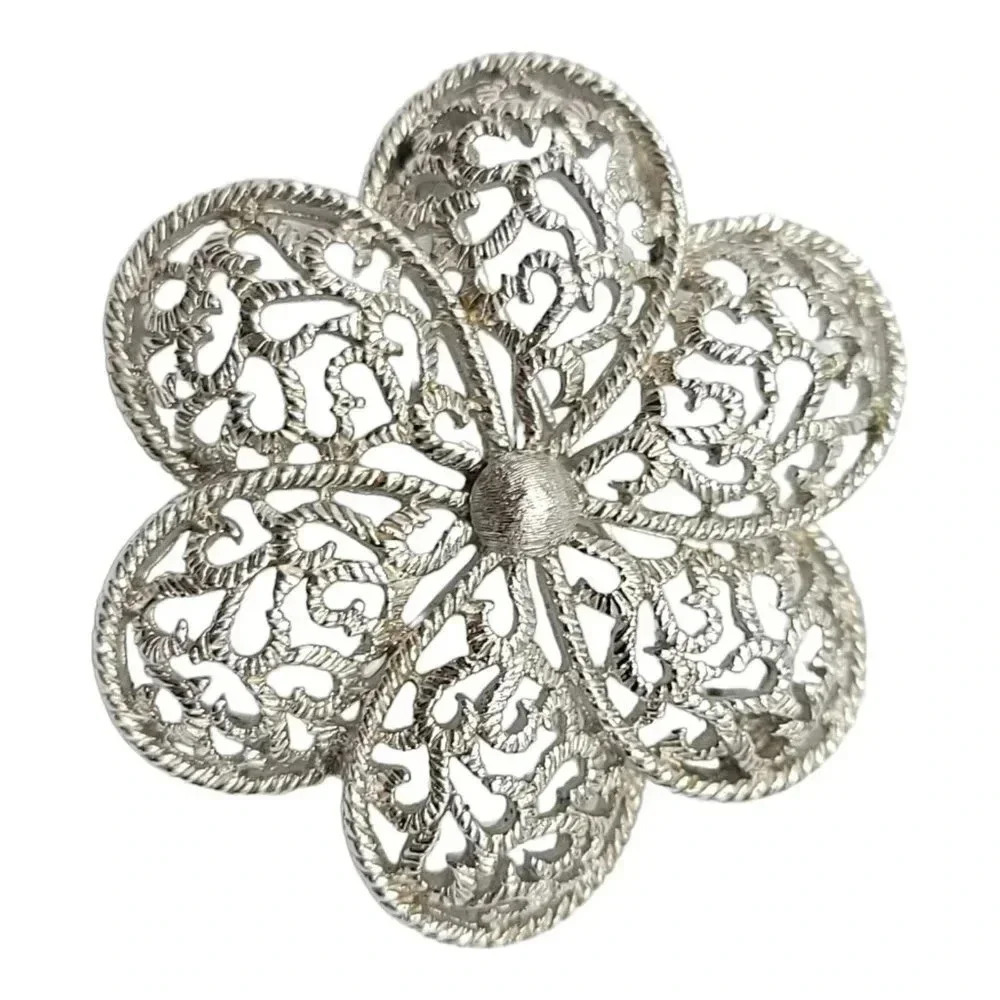Trifari Silver Toned Flower Open Filigree Textured Brooch Vintage